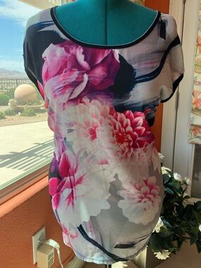 Edista Pink and White Floral Accents soft mesh overlay with Black back 1X